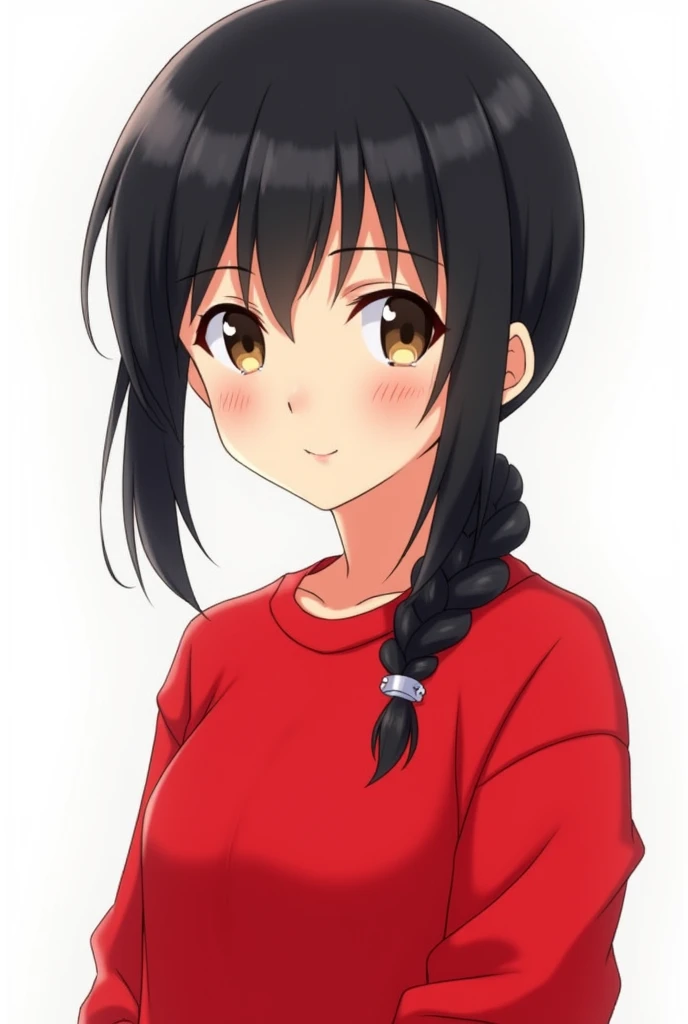 Anime character drawing black hair brown eyes red sweatshirt white background half body.