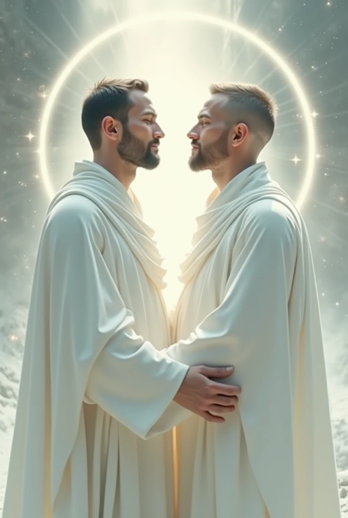 2 man, dressed in white and with the face of a saint