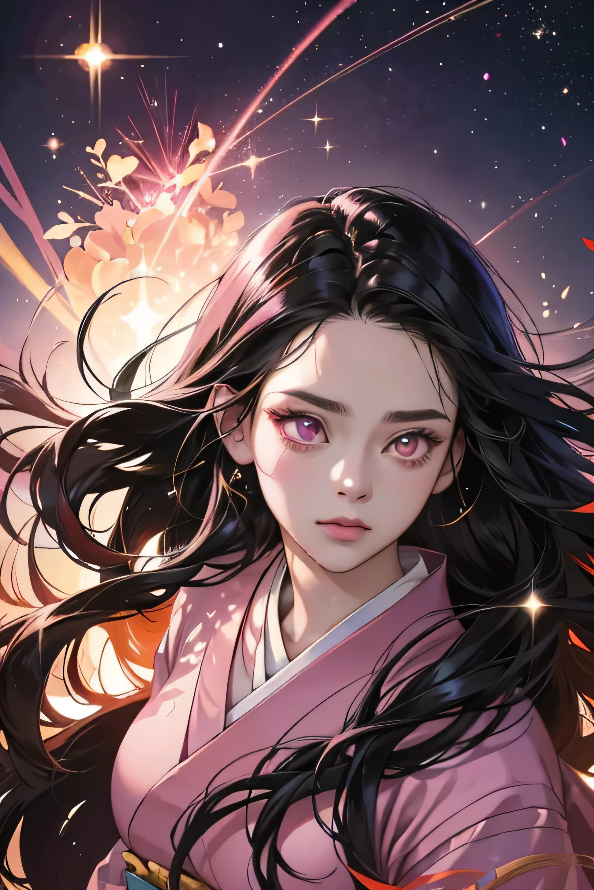 Nezuko from demon slayer. a young woman with long dark hair, (pink eyes), beautiful detailed eyes, beautiful detailed lips, extremely detailed face, longeyelashes, wearing a pink kimono, (best quality,4k,8k,highres,masterpiece:1.2),ultra-detailed,(realistic,photorealistic,photo-realistic:1.37),digital painting,exquisite detail,intricate details,highly detailed,vivid colors,warm lighting,cinematic lighting,dramatic lighting, iridescence, dramatic angle, space, (floating colorful sparkles:1.3), Dramatic Lighting, Chiaroscuro, Evocative Depth, Face Portrait, Close up, ulzzang, 