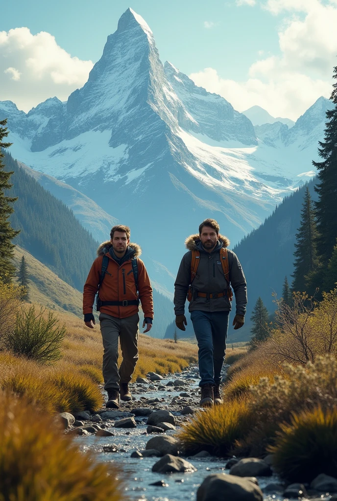 two men heading towards the mountains untouched by common hones