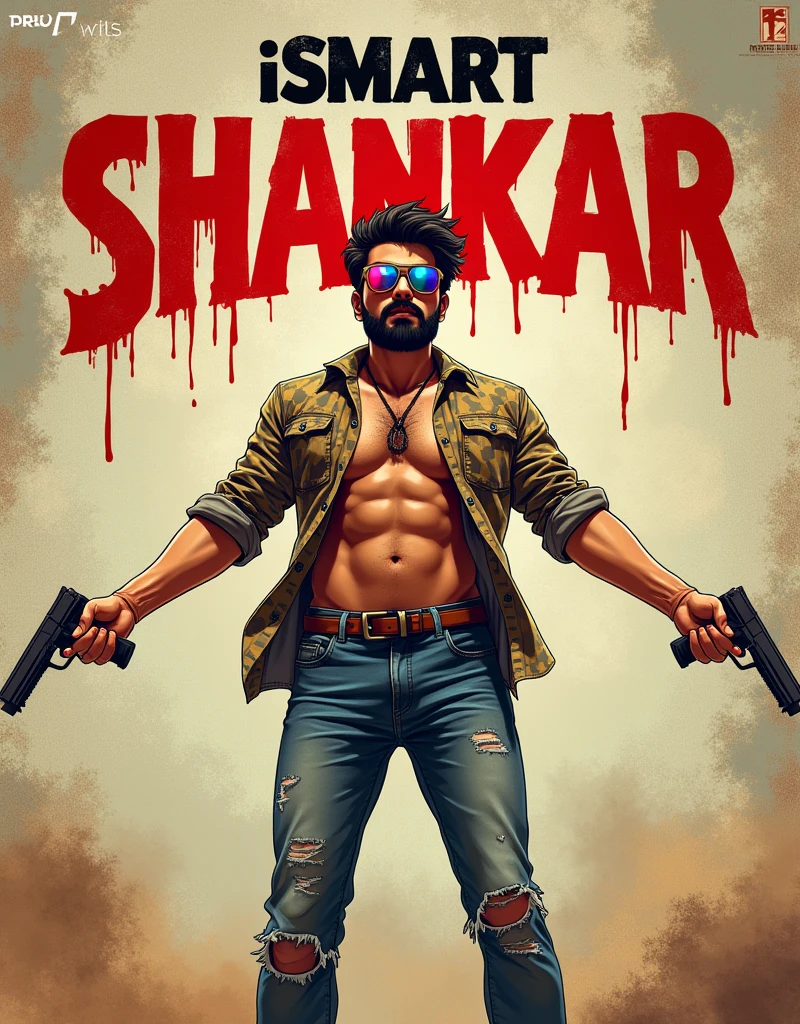 "Create a anime style landscape long shoot image". Promotional anime poster. The anime style layout features a central figure, "a handsome man with a beard" and "reflection colourfull sunglass", standing with arms outstretched and one hand holding pistol against a grungy, textured background. He has a fair skin tone and is dressed in a patterned shirt and distressed jeans. The title 'iSmart Shankar' is displayed top bottom side on the behind him in bold red and white text. The overall design has a rugged, edgy aesthetic. 