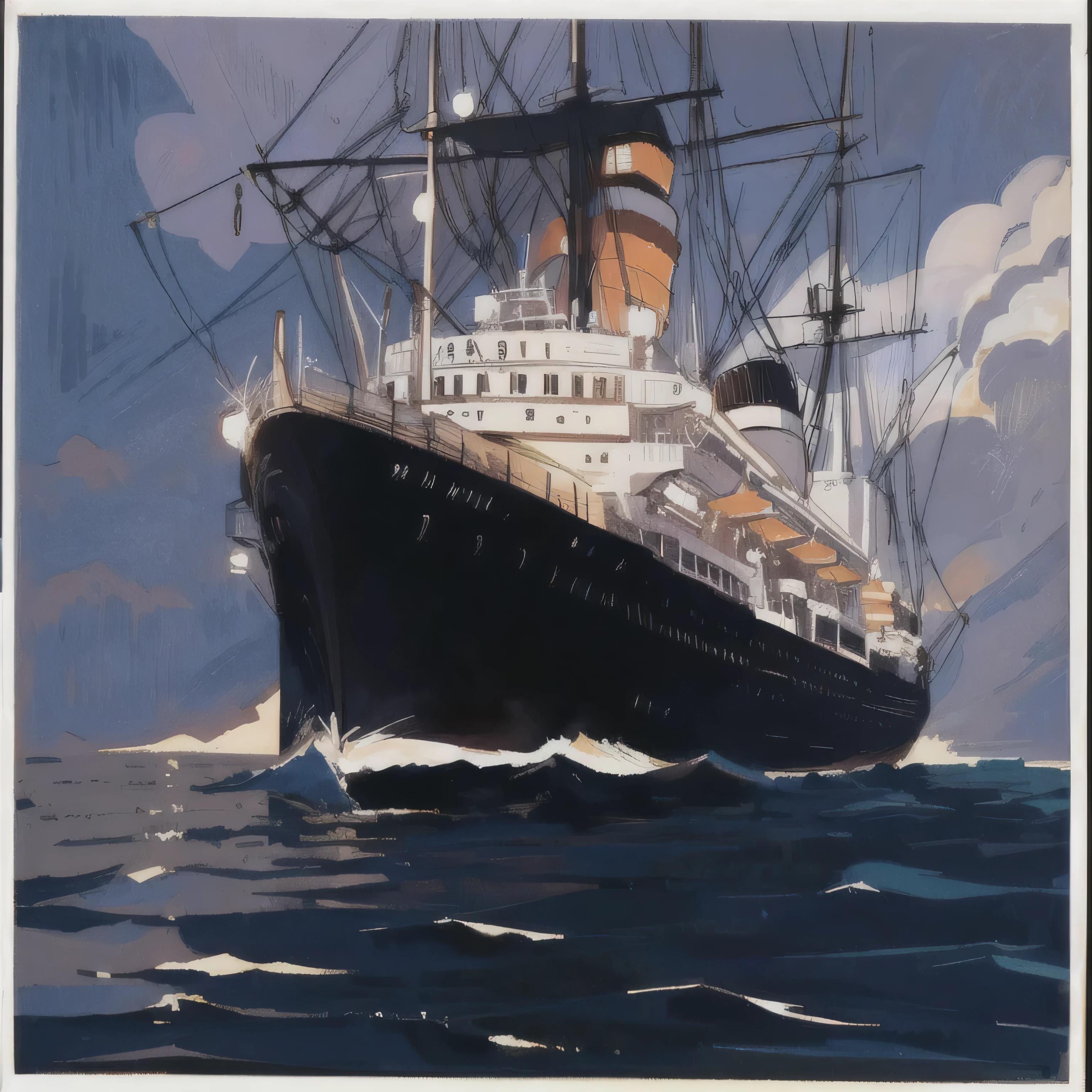 ship in cartoon style, in drawing style.