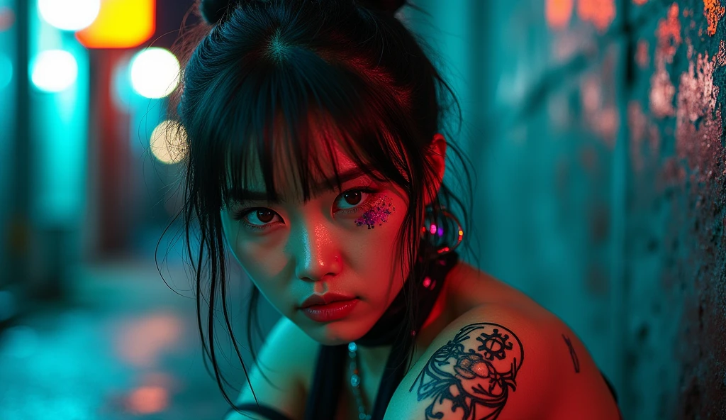 Female Asian, serious face, messy hair tied with neon tips, amber eyes, cybernetics in eyes, scar on left eye, left arm with few Black carbon cybernetics, neon designer coat clothing, tattoo with family symbol on forearm, night alley background, moon reflection on Walter, Pose crouched on the floor against sharpening carbon robot arm blade