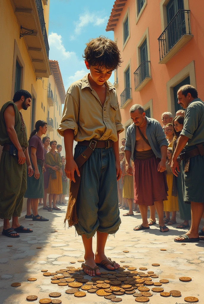 in draw, A Genoese boy, sold and taken to Spain, suffers abuse, But his love for his country leads him to defend the honor of Italy., Throwing the coins that were given to him out of pity. in draw A COLORES. GENERATE ME IN DRAWING