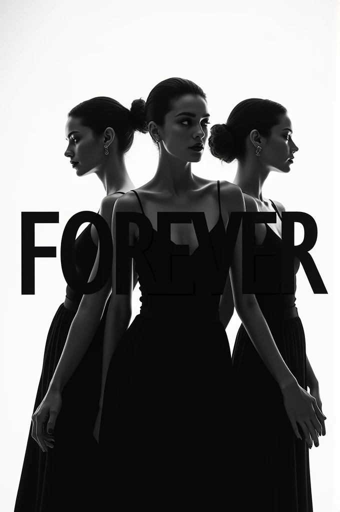 Three women in black and white with large letters in the middle saying forever
