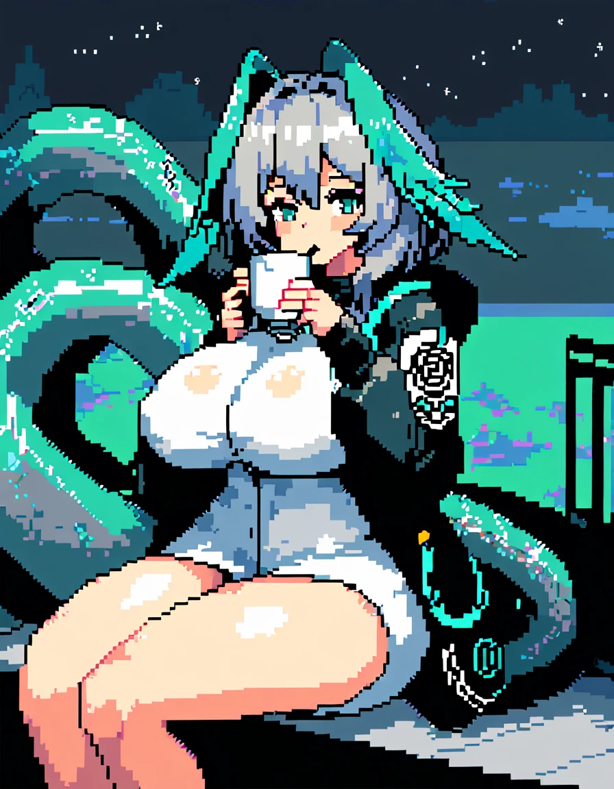 Hool'Heyak(Arknights),grey hair,feather ears, big breast,big thighs,very big serpent tail,sitting on balcony, sipping a coffee, eyes closed, midnight background, midnight setting,nsfw,((Pixel art style))