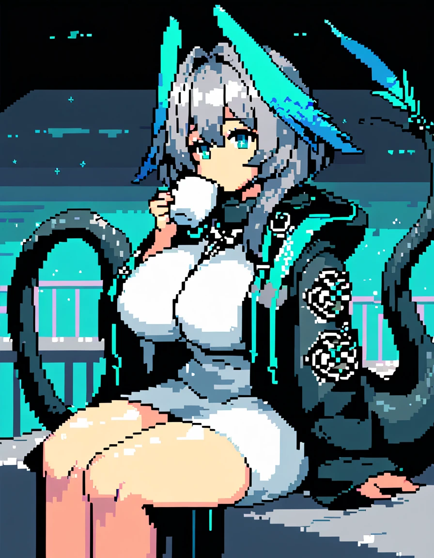 Dazzi, 1girl, shortstack, floating, (cloud:1.4), white hair, ponytail, oni, horn, hair over eyes, (white cloud:1.2), (purple skin:1.2), (split form), sitting, sitting on a cloud, no legs, legless, no eyes, single horn, black leather jacket, open coat, black hat, red collar, red choker, medium breasts, completely nude, vagina, pussy, (wide hips:1.2), (thick thighs:1.2), best quality, masterpiece, smile, grin, looking at viewer, dark background,
