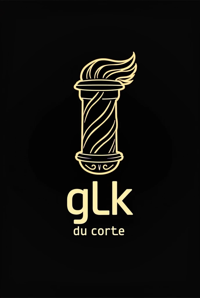Create a barber shop logo, with the color black and white and the name “GLK du corte” that is eye-catching and has a Barber Pole with a black background and a very eye-catching gold and make it have a character with a 7 cut on the head and a V haircut