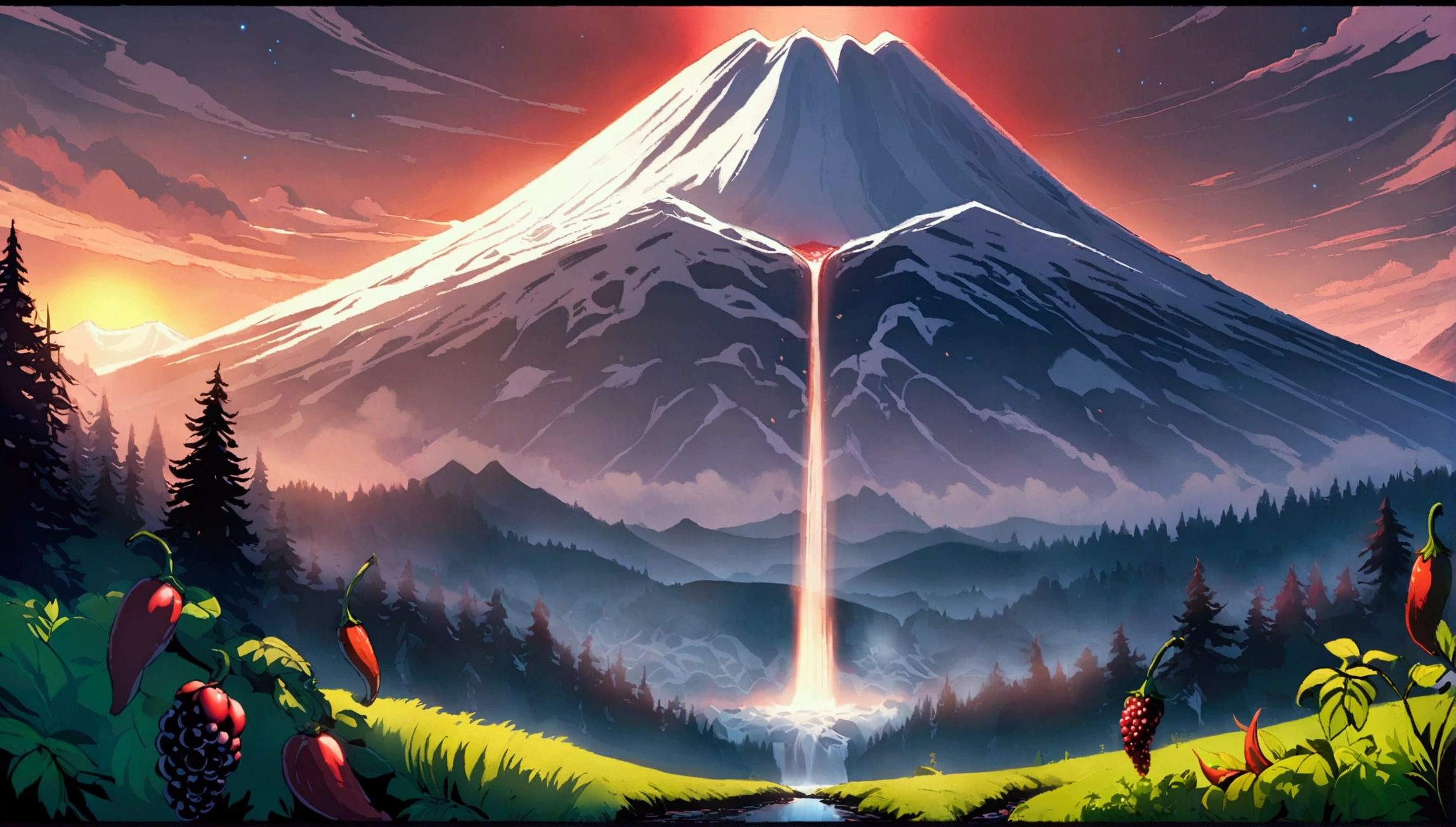 ultra wide landscape flooded with light moebius style, greenery, giant red chili pepper, giant blackberries, epic, sun, mt hood, waterfall, forest, oregon, green