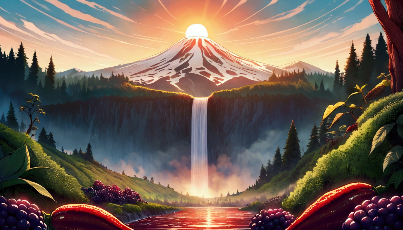 ultra wide landscape flooded with light moebius style, greenery, giant red chili pepper, giant blackberries, epic, sun, mt hood, waterfall, forest, oregon, green