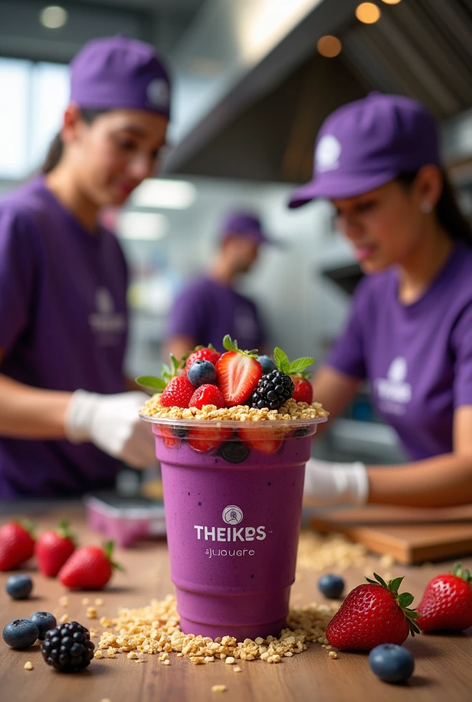 create a realistic kitchen team with uniform with store name in theikos açaí store preparing açaí cup 18k