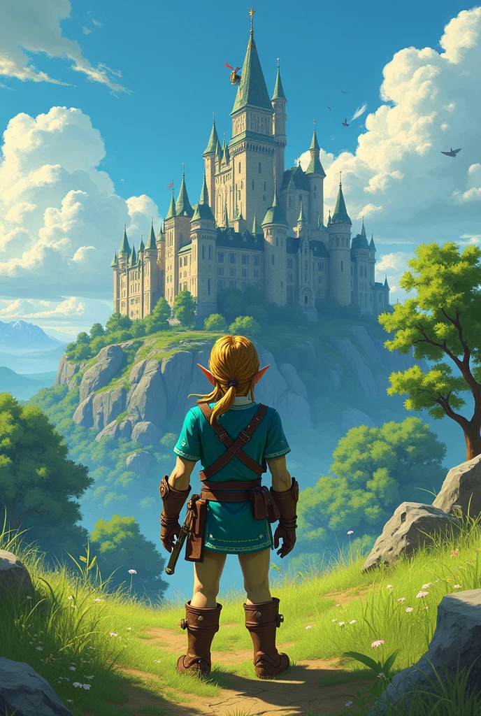 notebook label on the game "zelda beath of the wild" with the character "Link" wearing his full champion suit and in the background the castle of "Ganondorf".
