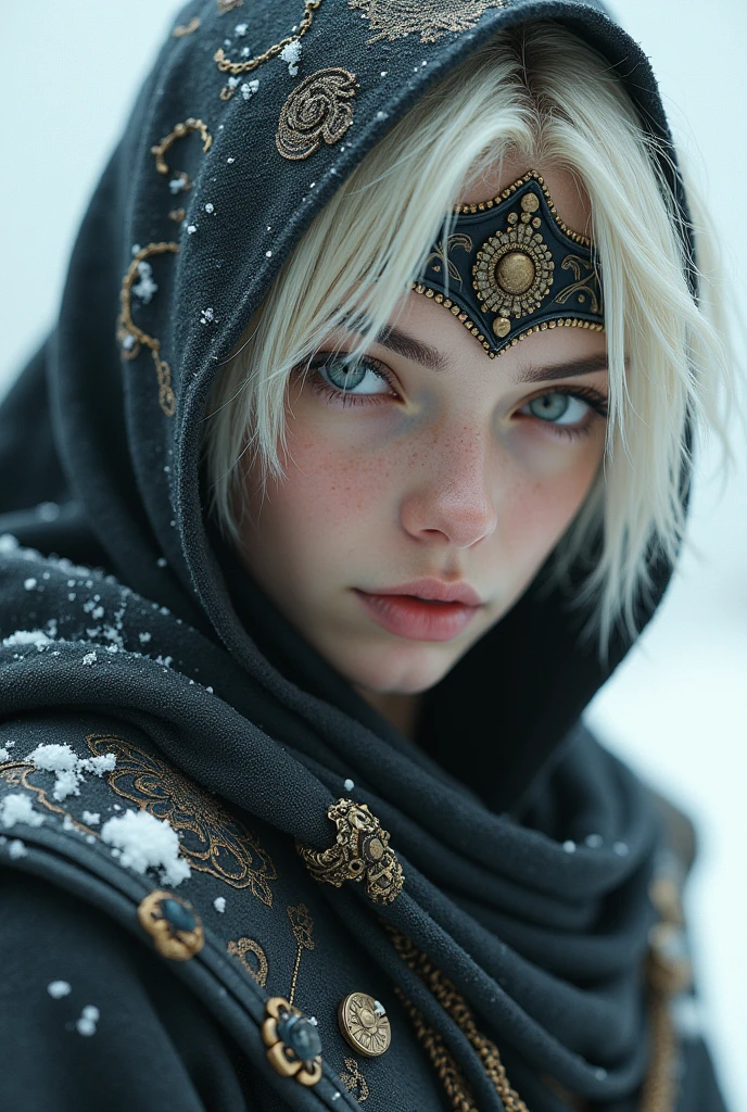 a close up of a person with a mask on, in style of luis royo, the piercing stare of yuki onna, 3 d character render, cyberpunk assassin, elvish blonde male warrior, tuareg, she is dressed in shaman clothes, an edgy teen assassin, white snow, geisha, white ink, beautiful gorgeous digital art