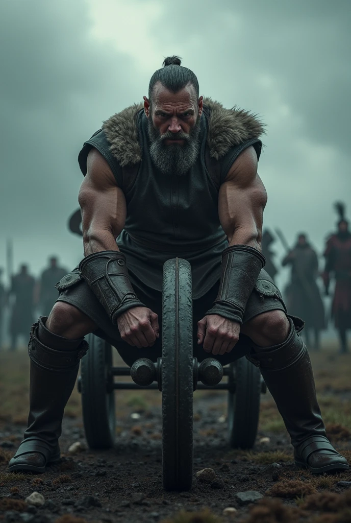 one man in a war scene, lifting the wheel of a chariot, cloudy sky, angry facial expression, foggy atmosphere, dramatic lighting, low angle shot, (best quality,4k,8k,highres,masterpiece:1.2),ultra-detailed,(realistic,photorealistic,photo-realistic:1.37),epic,cinematic,dark fantasy,dramatic lighting,moody atmosphere