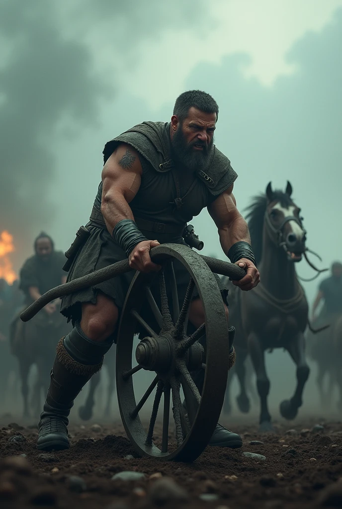 one man in a war scene, lifting the wheel of a chariot, cloudy sky, angry facial expression, foggy atmosphere, dramatic lighting, low angle shot, (best quality,4k,8k,highres,masterpiece:1.2),ultra-detailed,(realistic,photorealistic,photo-realistic:1.37),epic,cinematic,dark fantasy,dramatic lighting,moody atmosphere