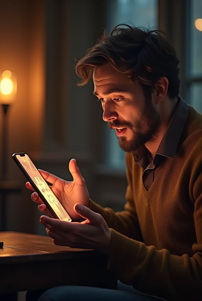 Man telling stories near cell phone screen 