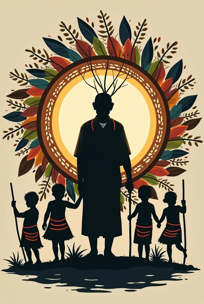 Design something traditional with the indigenous Colombian culture of the Cundinamarca territory, with brown colors, greens, blue, oranges and reds, in which the background is a silhouette of an indigenous elder, with a circle of life , The silhouette has to be of an elderly indigenous man or woman., In the front, indigenous children dressed in traditional costumes and playing with sticks.
Give me more logo design, includes a tree.
give me darker colors, and only the silhouette of the old indigenous man can be seen, Believe me as a logo for a festival, make it more illustrative and the mulatto children , Give me more towards the Muisca culture
