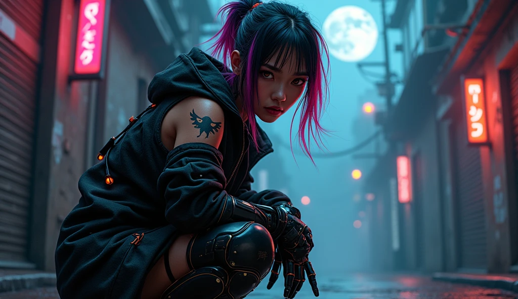 Female Asian, serious face, messy hair tied with neon tips, amber eyes, cybernetics in eyes, scar on left eye, left arm with few Black carbon cybernetics, neon designer coat clothing, tattoo with family symbol on forearm, night alley background, moon reflection on Walter, Pose crouched on the floor against sharpening carbon robot arm blade