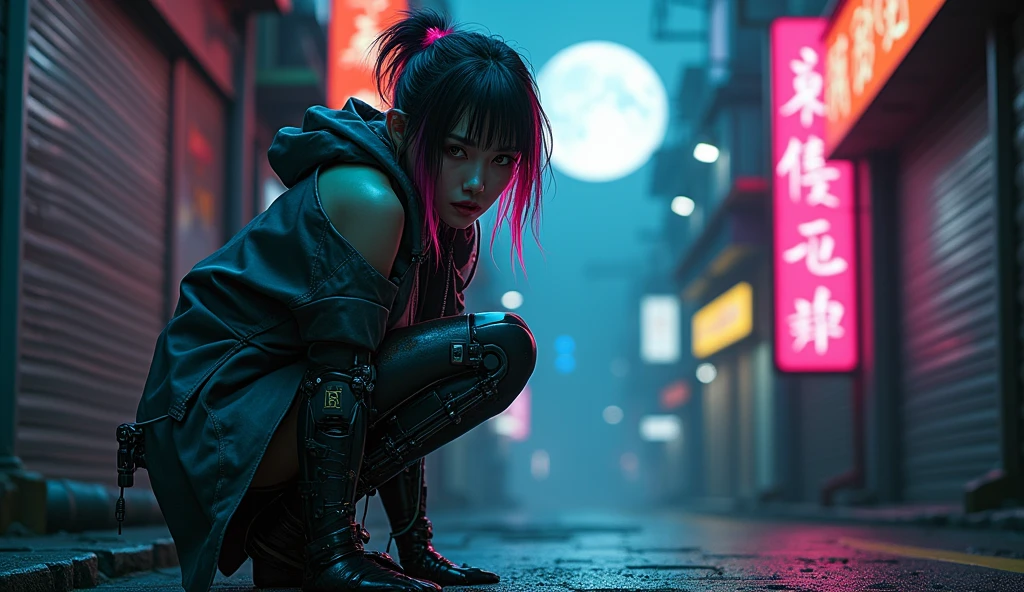 Female Asian, serious face, messy hair tied with neon tips, amber eyes, cybernetics in eyes, scar on left eye, left arm with few Black carbon cybernetics, neon designer coat clothing, tattoo with family symbol on forearm, night alley background, moon reflection on Walter, Pose crouched on the floor against sharpening carbon robot arm blade
