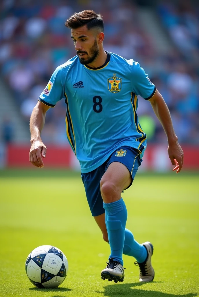 A photo of a man playing soccer with a light blue shirt that looks similar to the Cunhapiru shirt from Rivera, Uruguay