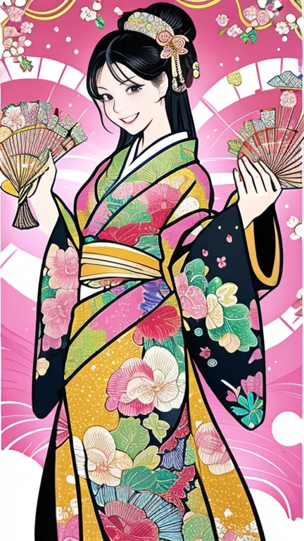 (SeaArt creates stunning illustrations of beautiful women in kimono)、Vividly colored Japanese Ukiyo-e style illustrations、A beautiful woman smiles and shows her upper white teeth、Brown-black long hair、Beautiful full body style、If you want to dance, let&#39;s dance, Tokyo Ondo, Yoi Yoi、Beautiful new digital paintings,、Bright vibrant digital anime art、 Beautiful anime portraits、background,Japanese shrine torii gate front、 Detailed digital anime art、