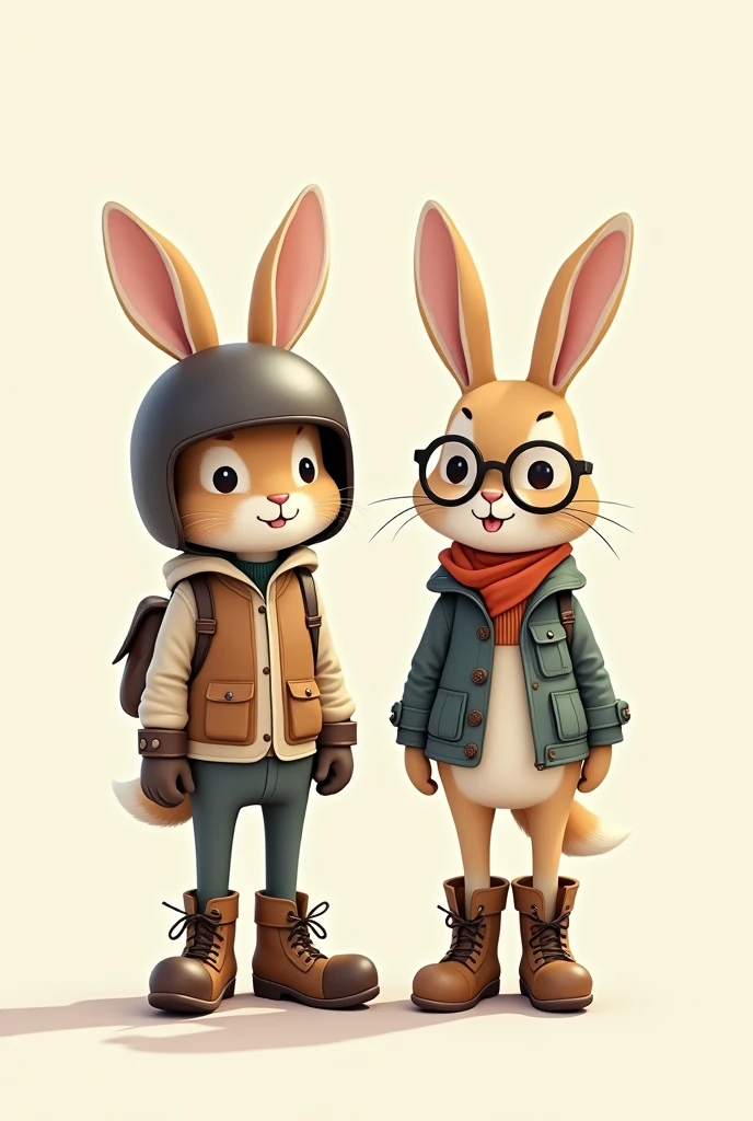 two rabbits without clothes, one with a helmet with his ears sticking out of the helmet, plus a vest and boots, the other a female with glasses a vest and boots