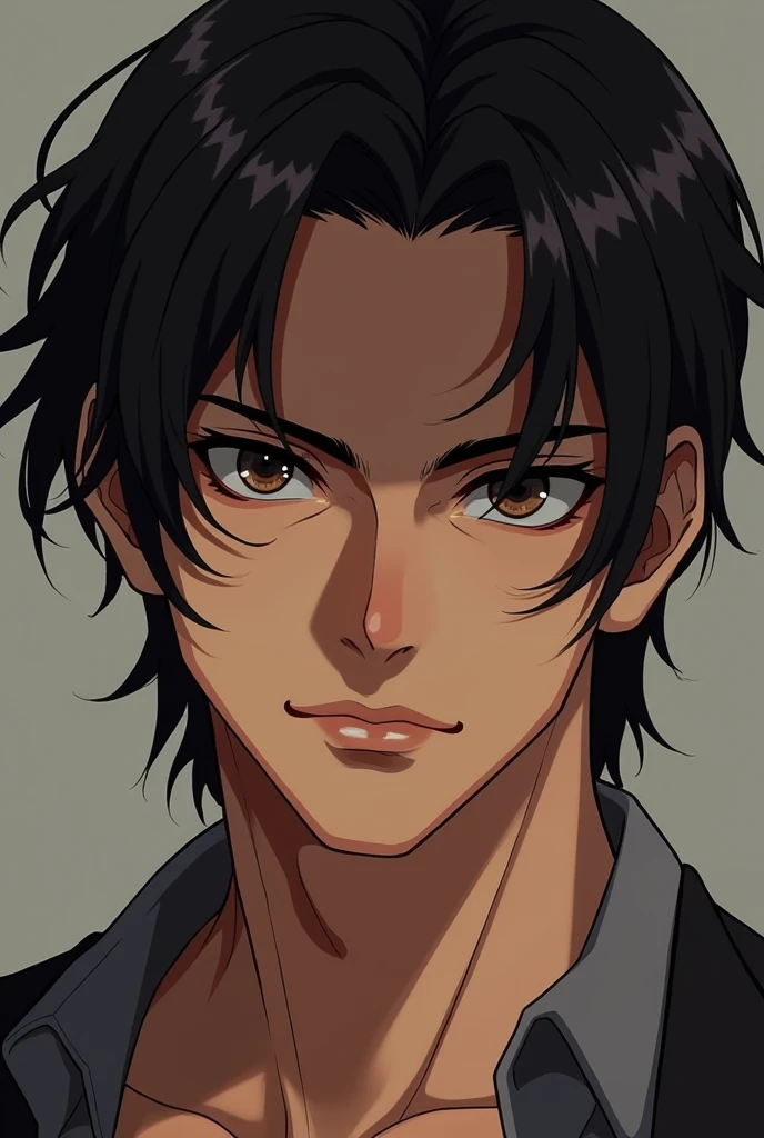 man, black hair, medium confection, brown skin, Brown eyes,seductive aura, realistic anime style illustration