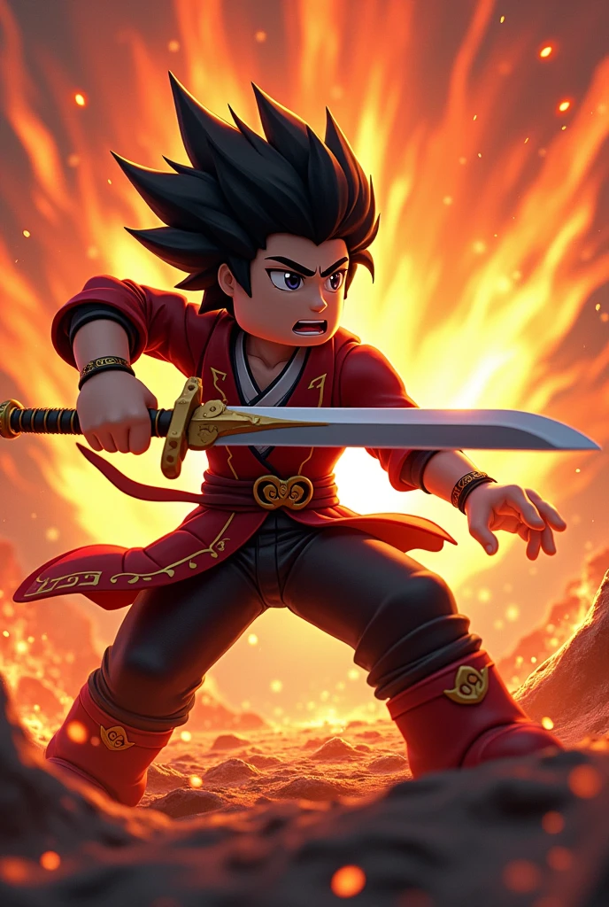 Create a 2d roblox style anime character fighting with sword with fire in the background
