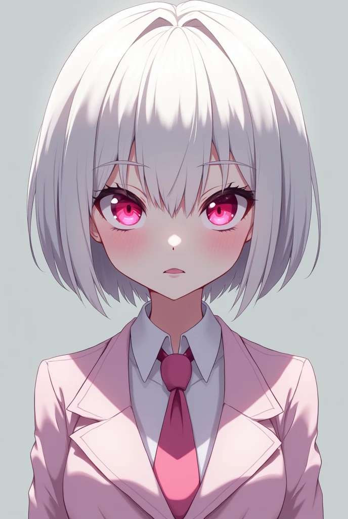 Anime style girl with evil face with short white hair, White eyelashes and completely albino, meaning her whole being is luminous white. Despite her evil, she dresses in clothes like a schoolgirl dress or rather elegant with a tie and a blazer like from a light pink magic school., She also has eyes of this same pink color but they still look slanted and mysterious.. He has a slight smile on his lips always but he looks completely cruel as if he were mocking me.