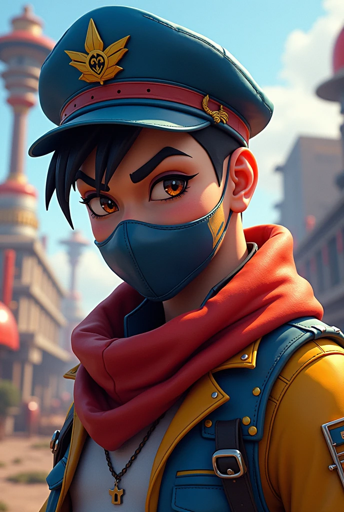free fire game style male character,featuring,cool captain cap,standard speed blouse, sonic eye makeup,
Scarf mask