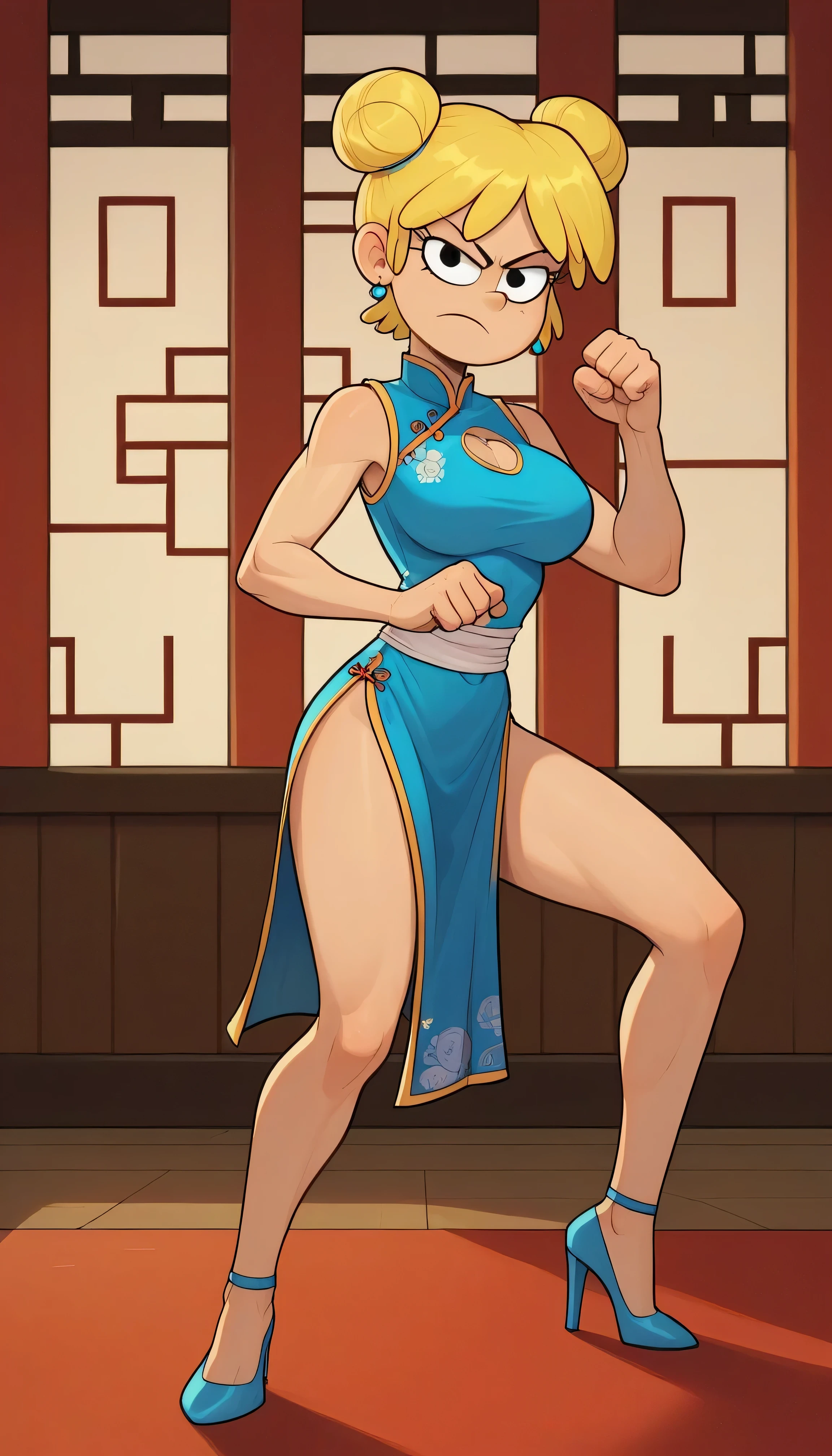 lori loud, 1girl, solo, 24yo girl, blue cheongsam,  inside of a chinese style temple, large breasts, looking at viewer, blonde hair, short hair, two hair buns , hands  score_9, score_8_up, score_7_up, high heels,teep fighting stance,martial arts