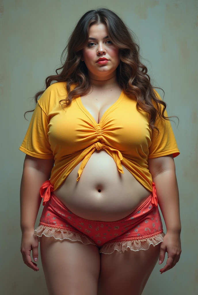 Make a woman with an adult body (big bust and buttocks)
wearing tight children's clothes