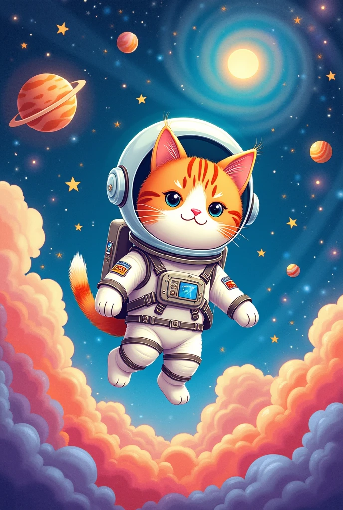 Image for book.to color with.astronaut cat theme with cute little planets and stars