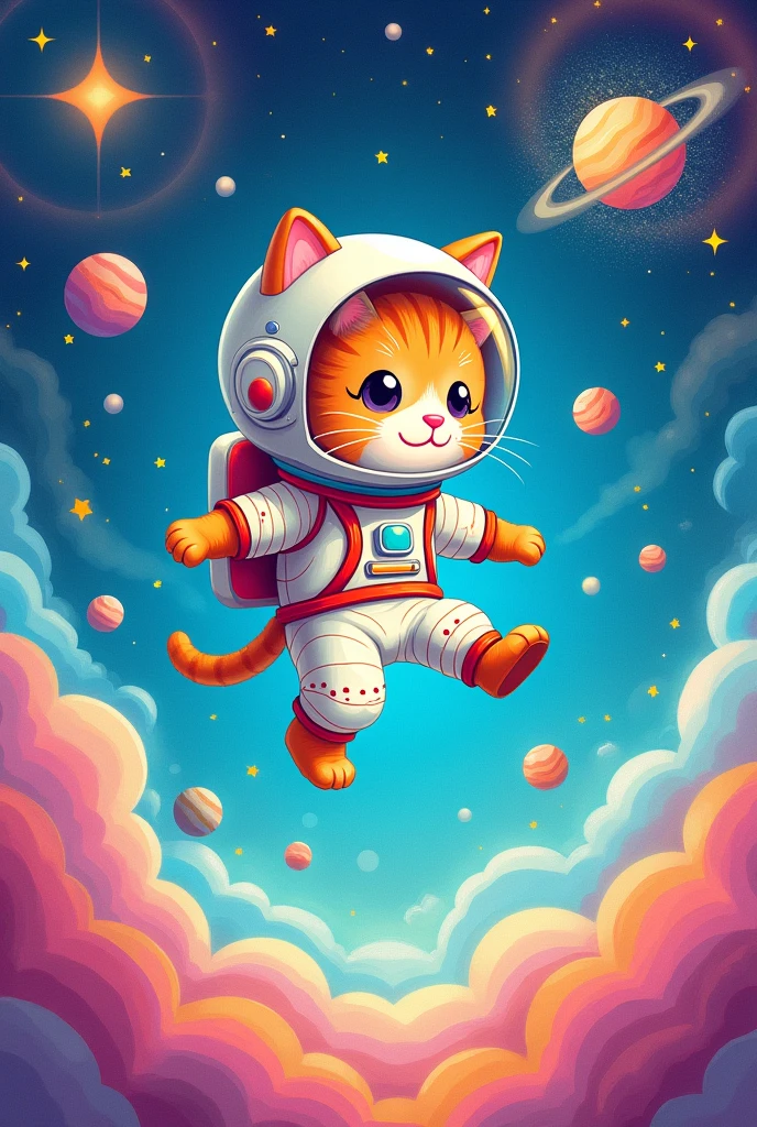Image for book.to color with.astronaut cat theme with cute little planets and stars 