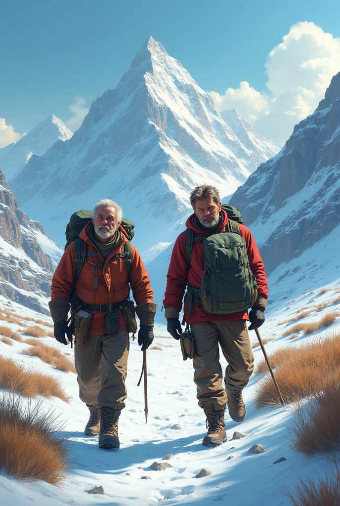 two men heading towards the mountains untouched by common hones, mountains without snow
