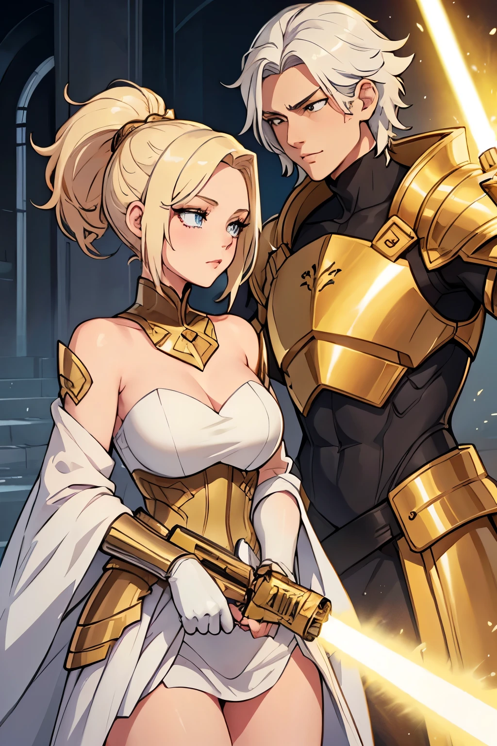 She has short platinum blonde hair., with locks that frame her face, and golden eyes that shine with a warm and encouraging light. He wears light armor in shades of gold and white., which symbolizes purity and hope. His main weapon is a lightsaber., whose leaf seems to shine with a heavenly glow. Liora is extremely kind, optimistic and encouraging. Her positive nature and willingness to support others make her a key figure in keeping the group's spirits high.. She is always willing to offer a word of encouragement and help to those who need it., and his hopeful attitude is contagious. Although she is a formidable warrior, His focus is on inspiring and uplifting his peers rather than seeking conflict... Whole body