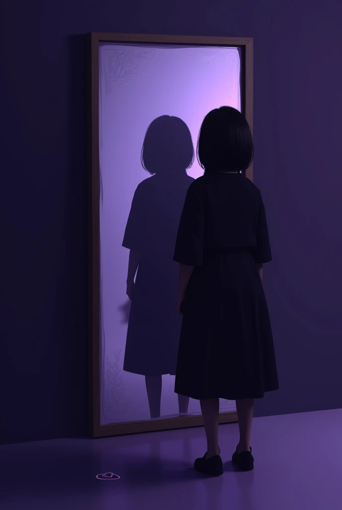 Create this image Purple background, with a mirror in the background and a heart sticker in the bottom corner of the image