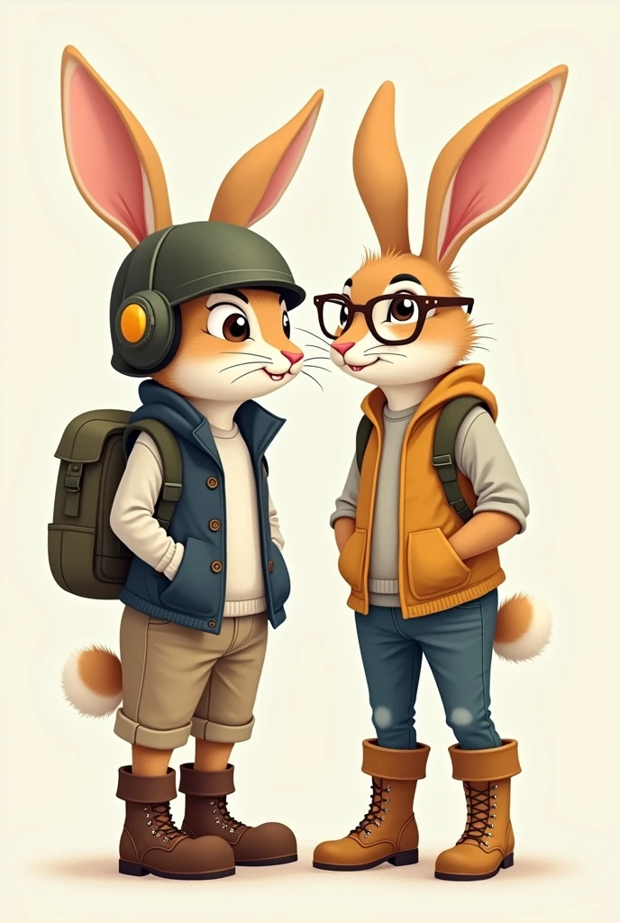 two rabbits without clothes, one with a helmet with his ears sticking out of the helmet, plus a vest and boots, the other a female with glasses a vest and boots vector