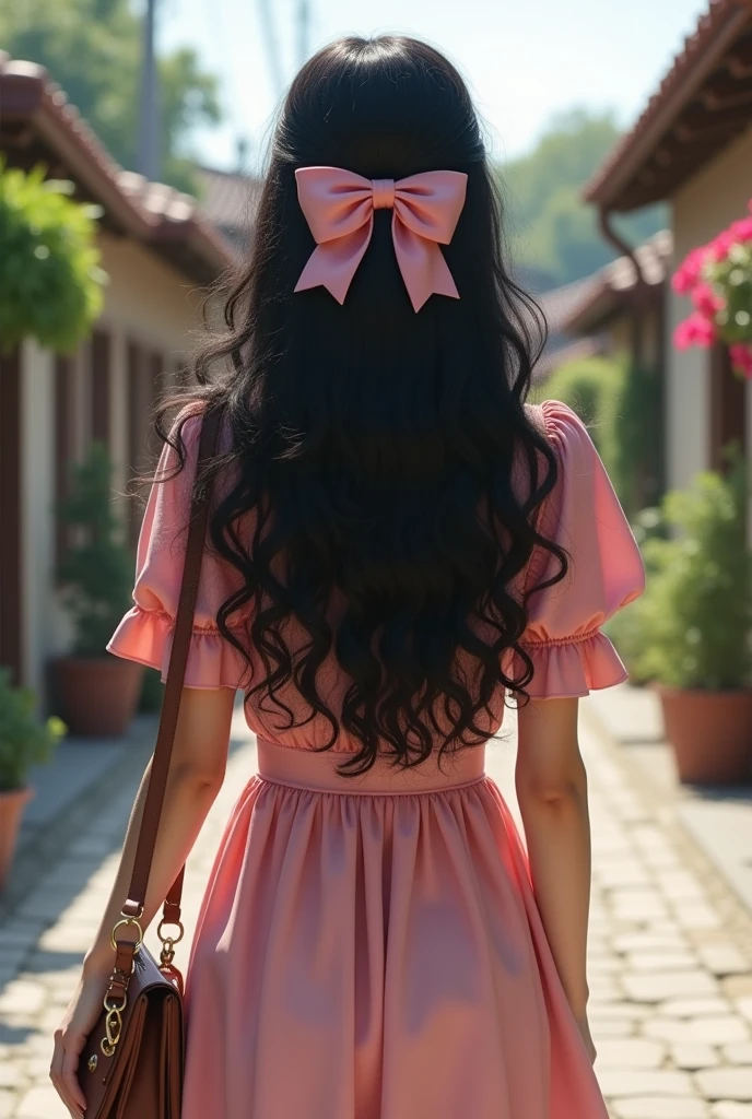Make 1 woman from behind, Bblack hair, long and curly. She wears a pink bow in her hair and carries a bag on her arm.. The woman is wearing a flared midi dress and is on a street with houses