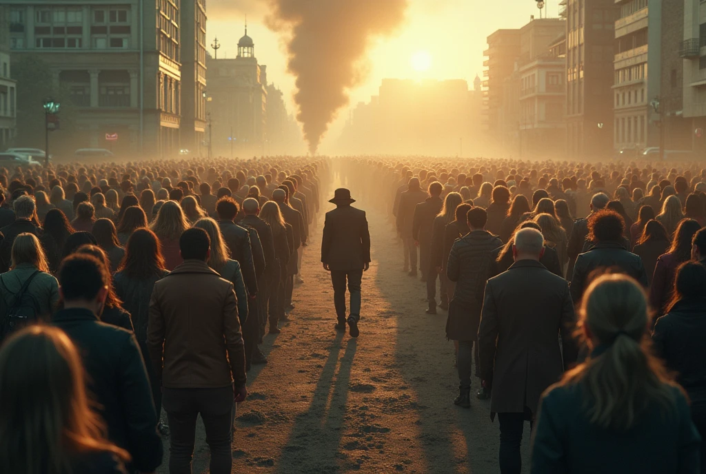 A world in which men and women are alienated and moving in the same direction, large mass with addictions such as cell phones, beverage, cigar, Promiscuity. This world, the environment and nature will be completely destroyed. Shocking image, shocking and future world 2040