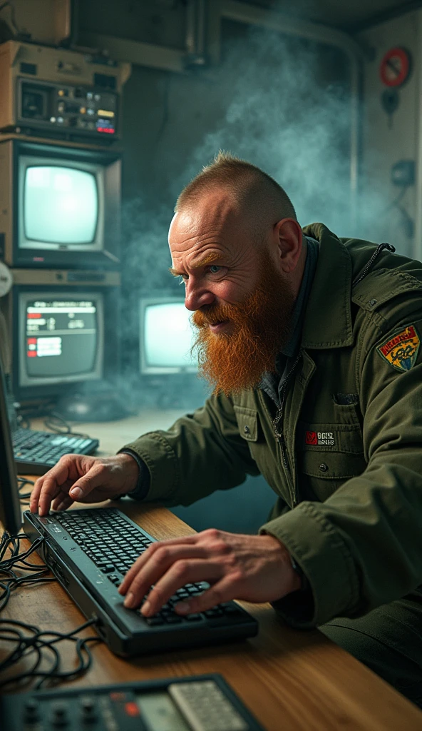 /imagine prompt: A dynamic action shot of Stive in a makeshift control room, surrounded by old computers and military equipment. He’s furiously typing on a keyboard, his large, calloused hands with crooked fingers flying over the keys. His face, with its angular features and sparse red beard, is focused, but there’s a hint of a grin. His thinning hair, styled in a "military cut," is barely visible under the dim, flickering lights. The background is filled with wires, screens, and a haze of cigarette smoke, creating a tense yet humorous atmosphere, hd quality, natural look --ar 21:9 --v 6.0
