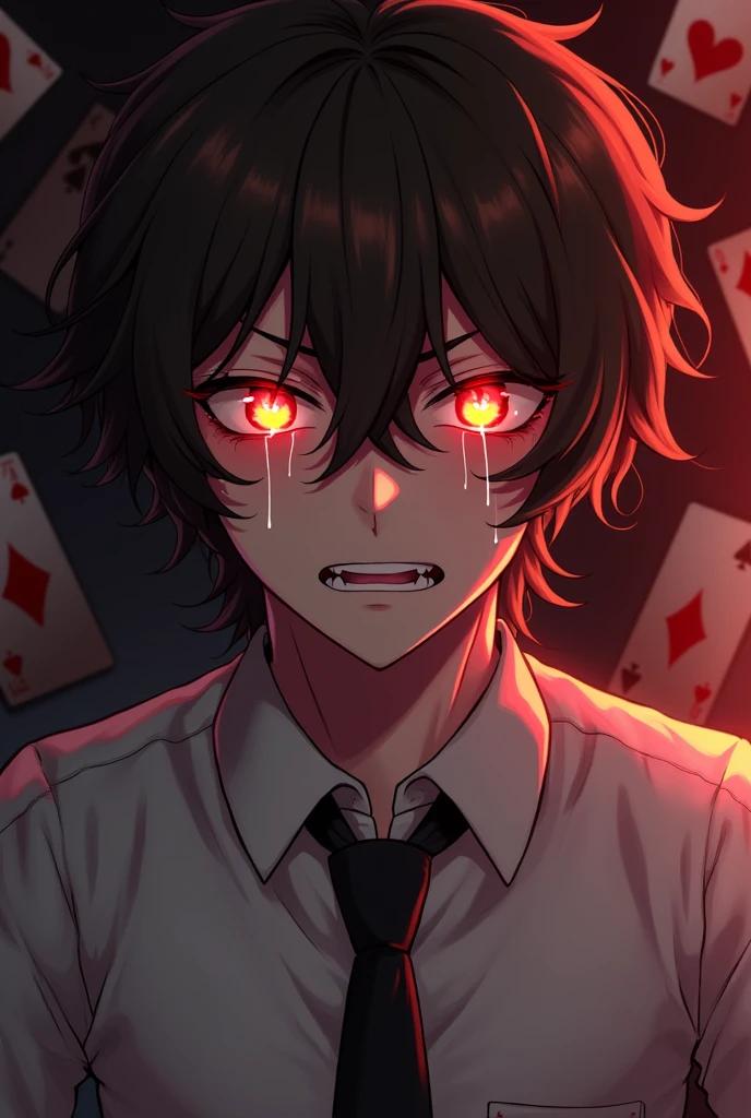 Make a profile picture, like the style of the anime kakegurui, make the character as if it were Yumeko in the male version with crazy eyes, more serious with shining eyes and him sweating in a very risky bet, more serious with the background with betting cards, it's perfect like that, but add a tie and take away the crying, more serious! With wavy brown hair and a more excited look