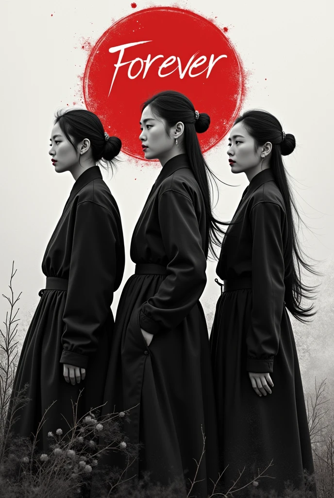 Three Korean women cover in black and white theme with big letters in the middle saying forever in red