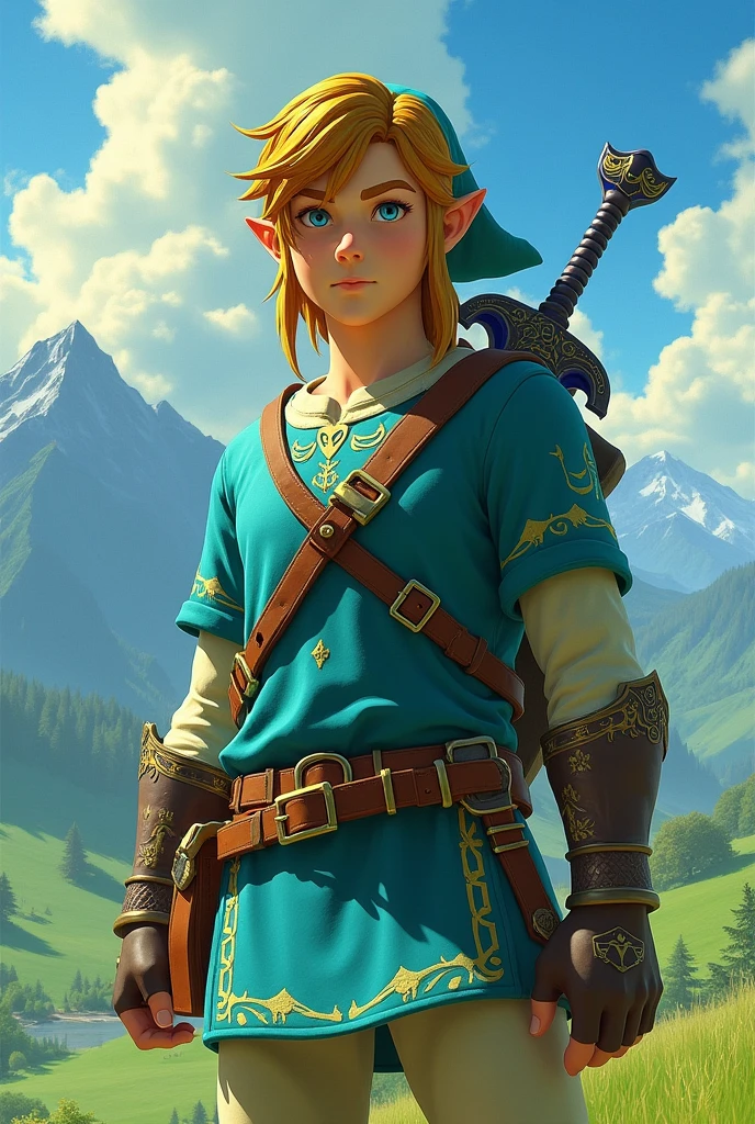 notebook label on the game "zelda beath of the wild" with the character "Link" wearing his full champion suit while he is fighting and in the background you can see a landscape of the game.