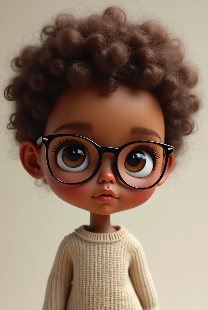blythe doll short curly hair brown whith glasses, com o cabelo cacheado e a pele mais escura imagem