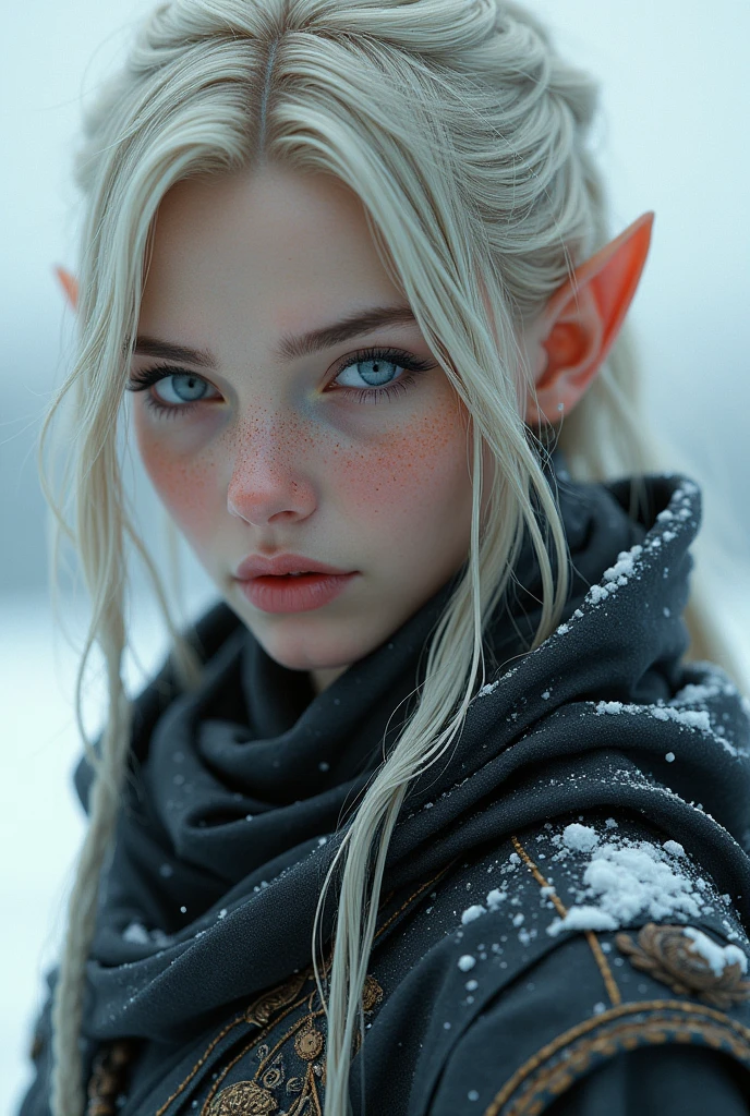 a close up of a person with a mask on, in style of luis royo, the piercing stare of yuki onna, 3 d character render, cyberpunk assassin, elvish blonde male warrior, tuareg, she is dressed in shaman clothes, an edgy teen assassin, white snow, geisha, white ink, beautiful gorgeous digital art