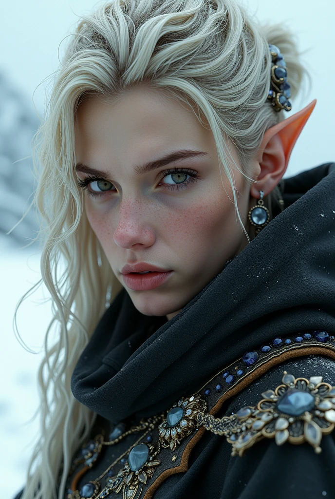 a close up of a person with a mask on, in style of luis royo, the piercing stare of yuki onna, 3 d character render, cyberpunk assassin, elvish blonde male warrior, tuareg, she is dressed in shaman clothes, an edgy teen assassin, white snow, geisha, white ink, beautiful gorgeous digital art