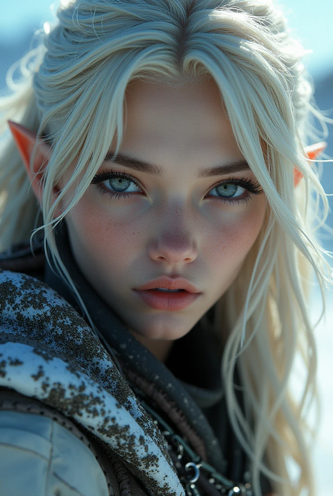 a close up of a person with a mask on, in style of luis royo, the piercing stare of yuki onna, 3 d character render, cyberpunk assassin, elvish blonde male warrior, tuareg, she is dressed in shaman clothes, an edgy  assassin, white snow, geisha, white ink, beautiful gorgeous digital art
