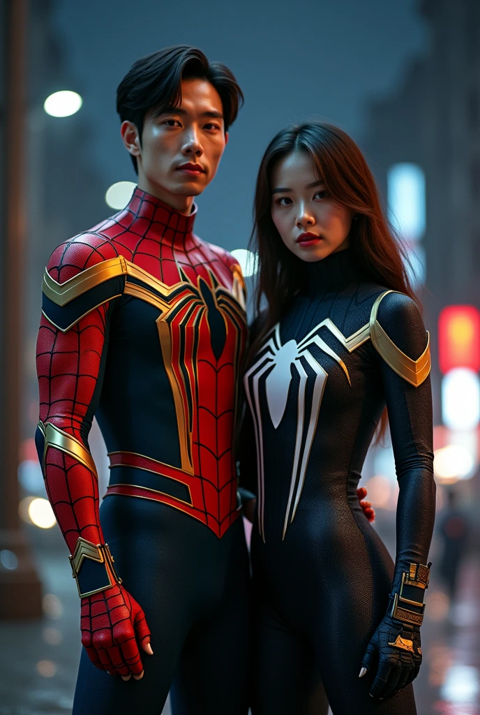 Create an image where a Korean man wears a red and gold Iron Spiderman suit and a Korean woman wears a black and white Spiderman suit., only half of their bodies are visible, and the background is night
