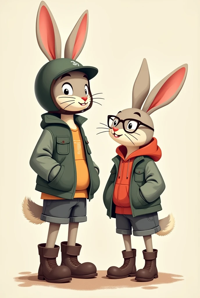 two rabbits without clothes, one with a helmet with his ears sticking out of the helmet, plus a vest and boots, the other a female with glasses a vest and boots animated vector